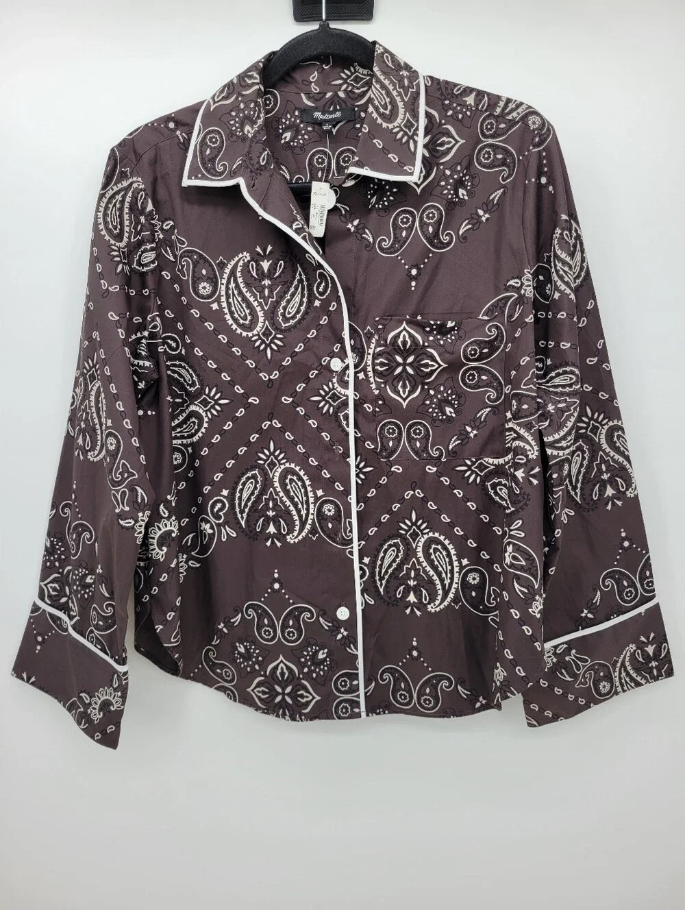 Madewell The Signature Y-Neck Shirt in Poplin NZ678 Size S Brown And White
